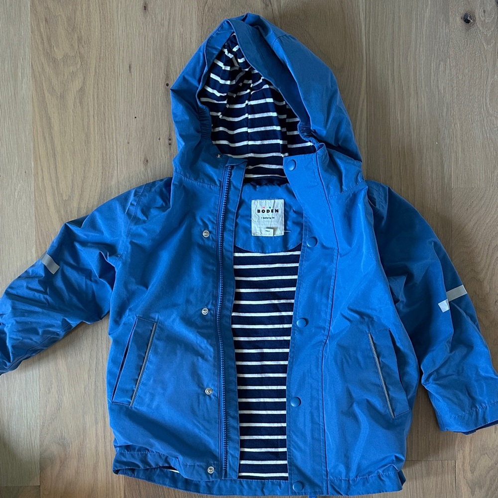 Mini Boden Blue Kids Rain Jacket with Striped Soft Lining